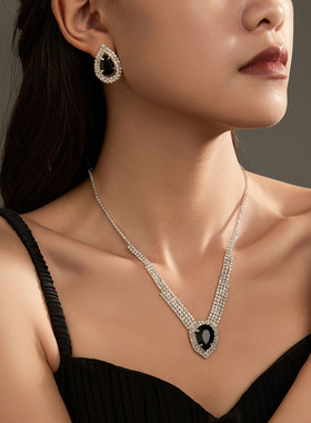 MYYA复古满钻黑色水滴形耳环项链两件套时尚轻奢气质百搭首饰套装