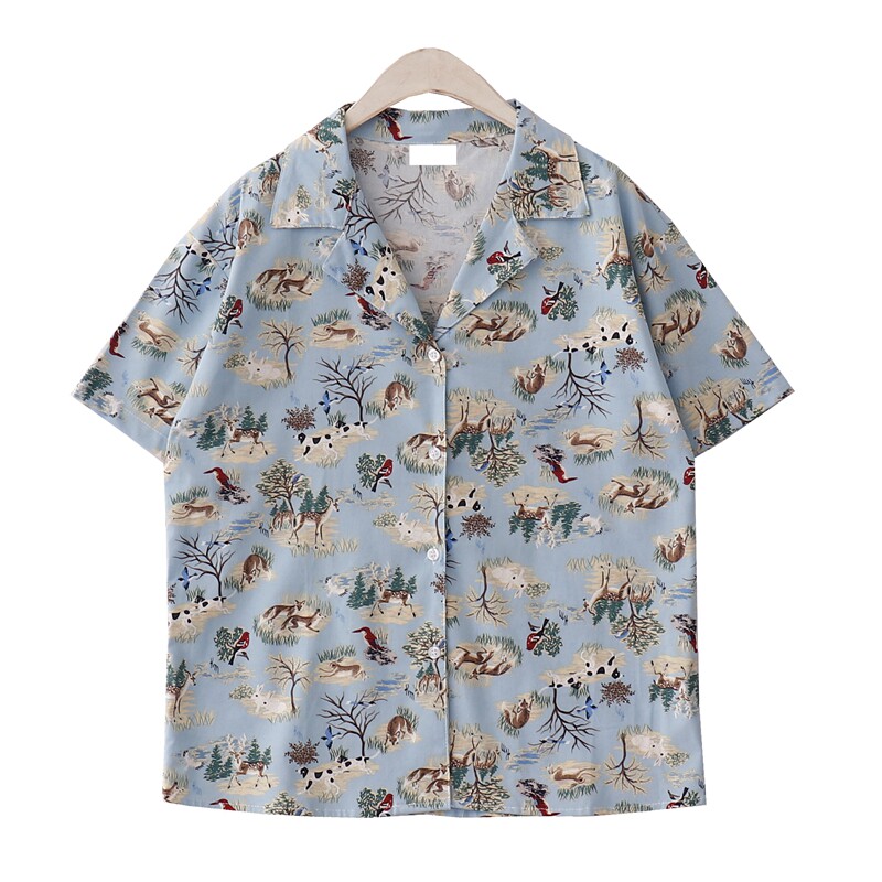 duform日系复古童趣动物图案印花衬衫女2021夏季新款宽松上衣衬衣