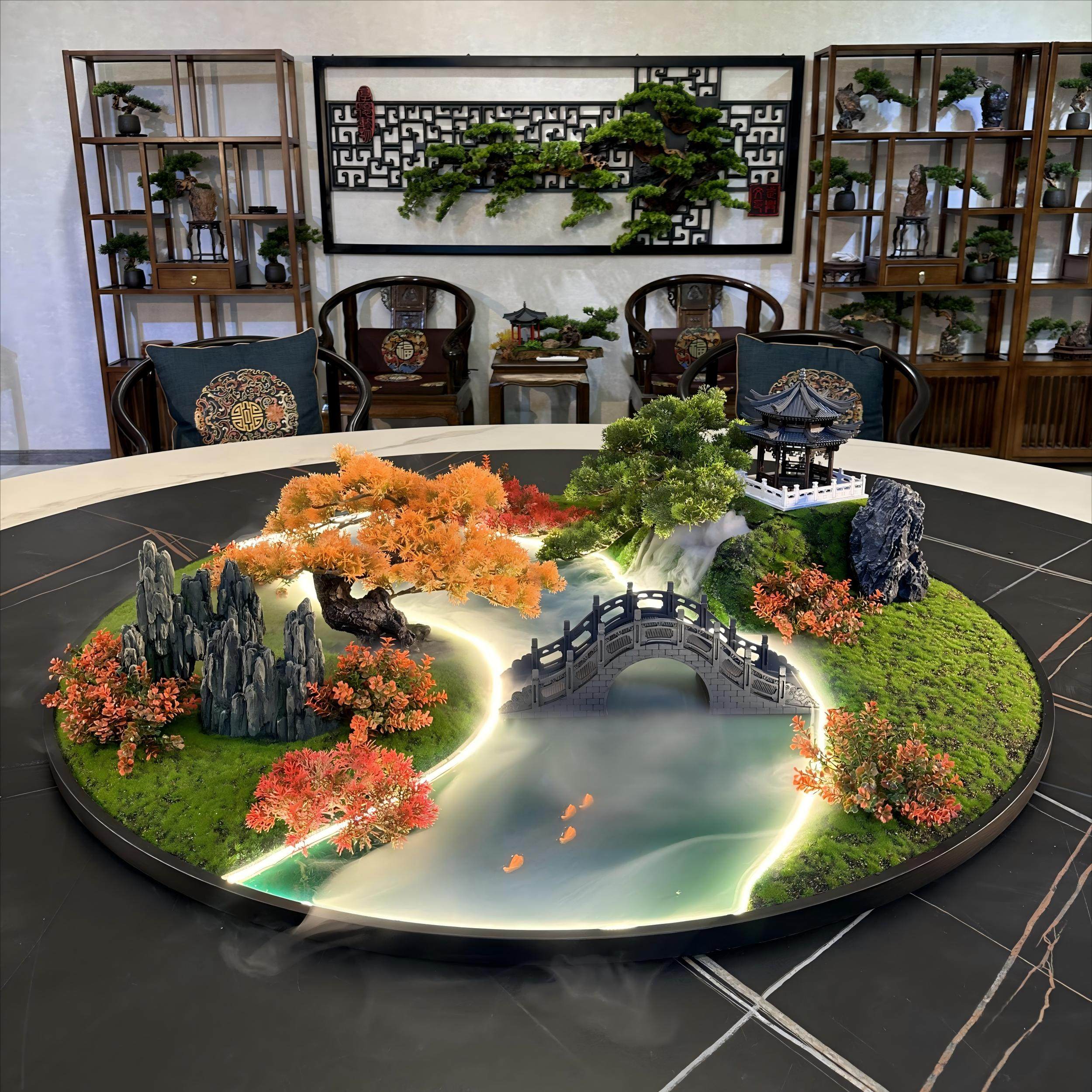 餐桌中间景观摆件灯光流水餐桌摆件喷雾景观摆件圆桌中间转盘摆花