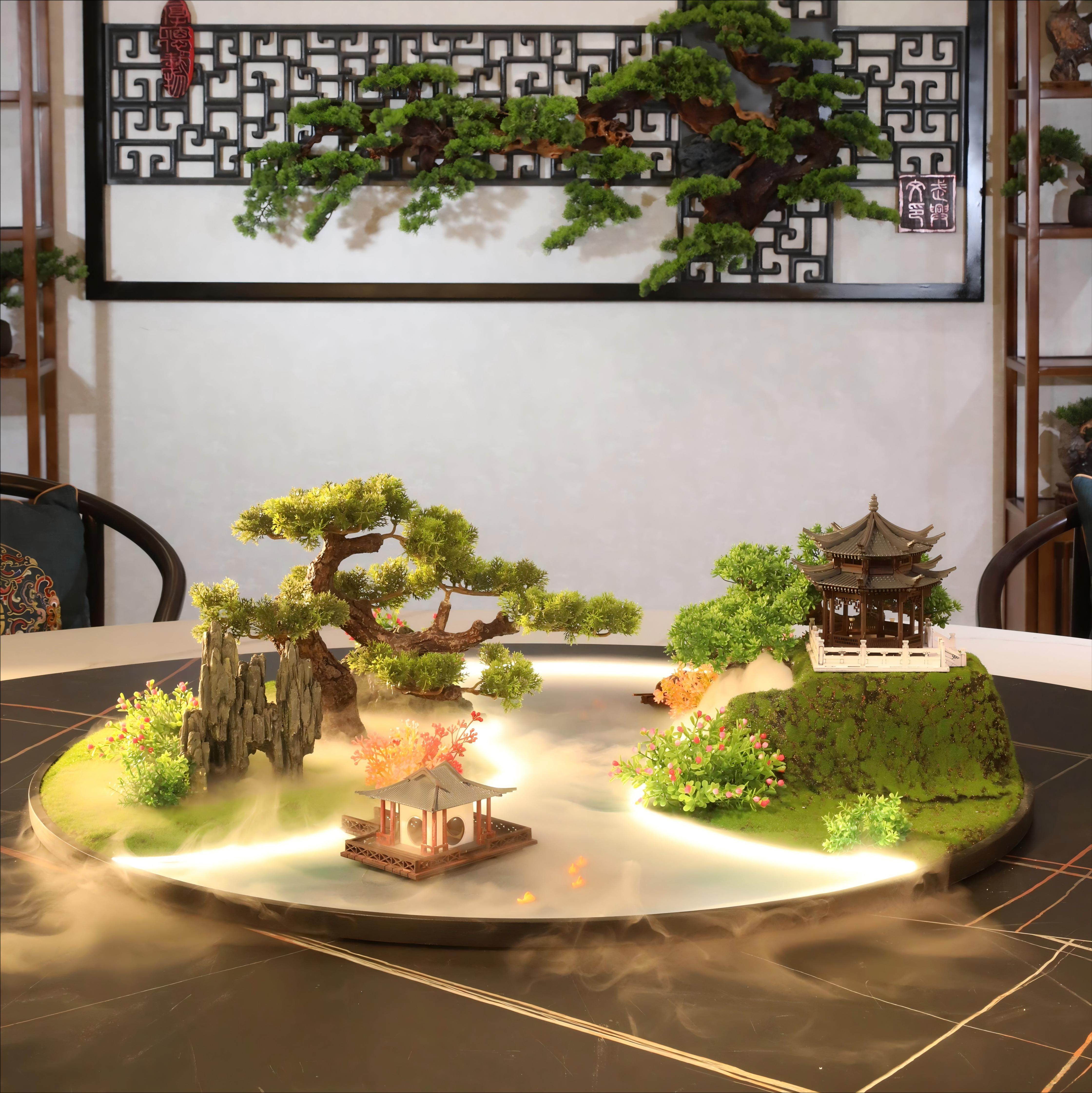 餐桌中间景观摆件灯光流水餐桌摆件喷雾景观摆件圆桌中间转盘摆花