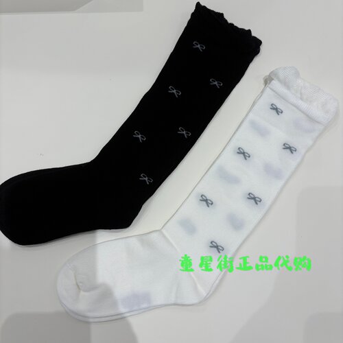 littlemoco国内代购26年秋款女童蝴蝶结印花花边中筒袜KBF3SOK002