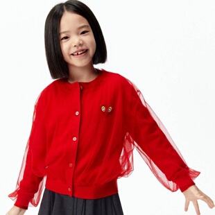 little moco专柜正品26年春款女童网纱绵羊毛针织开衫KBF1CAR003