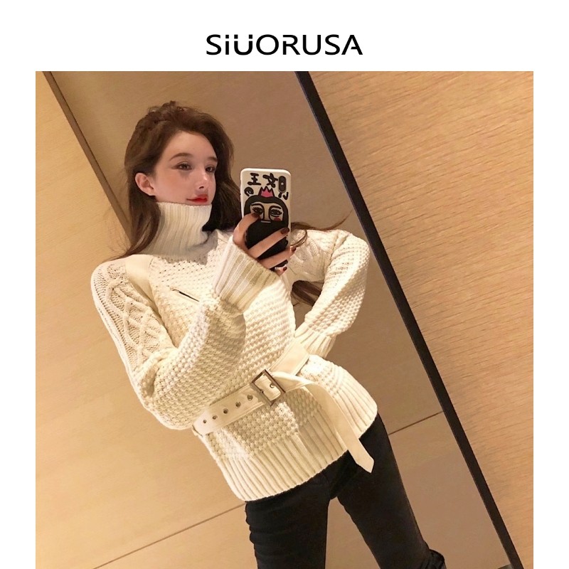 走秀款超级温柔奶油白色复古时髦重工粗线腰带显瘦高领拉链毛衣