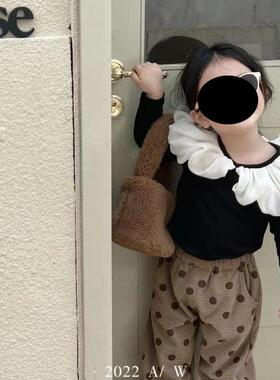 女童黑色花边领打底衫春秋薄款长袖甜美韩版公主弹力儿童T恤