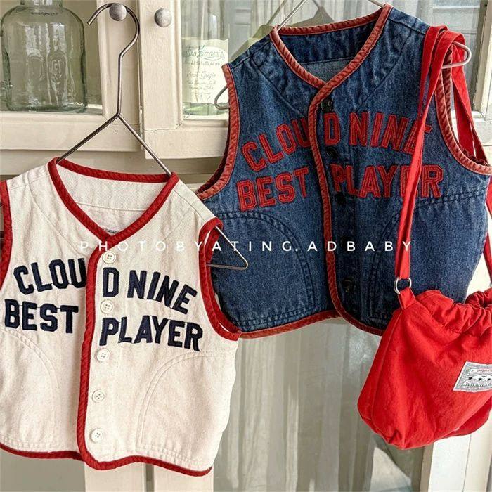 春秋季韩系儿童洋气穿搭儿童撞色牛仔马甲潮范男女童字母坎肩外套