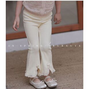 宝宝休闲百搭裤 女童夏季 喇叭裤 洋气蕾丝花边长裤 子开叉 新款