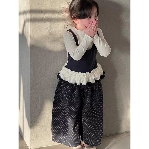 春款女宝宝波点阔腿裤假两件套