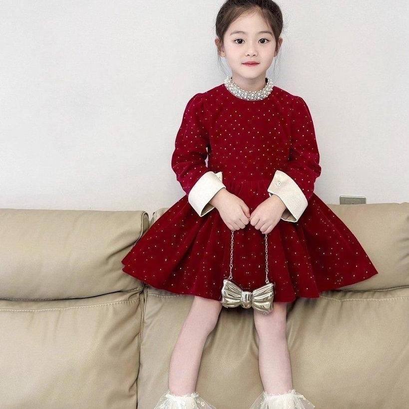 女童亮钻丝绒加厚珍珠领公主裙