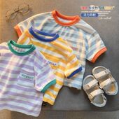 2025夏季 上衣潮 T恤儿童宝宝宽松薄款 新款 男童撞色条纹竹节棉短袖