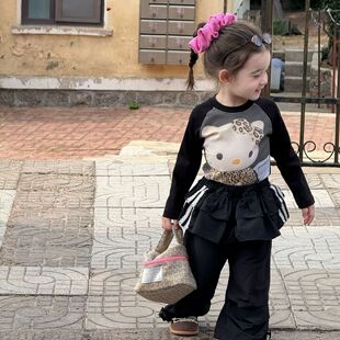 女童秋装套装2025新款女宝豹纹Kt猫印花打底上衣荷叶边休闲工装裤