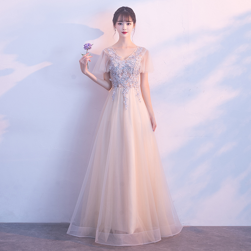 2018新款長款香檳色晚禮服宴會聚會顯瘦主持人禮服女連衣裙伴娘服