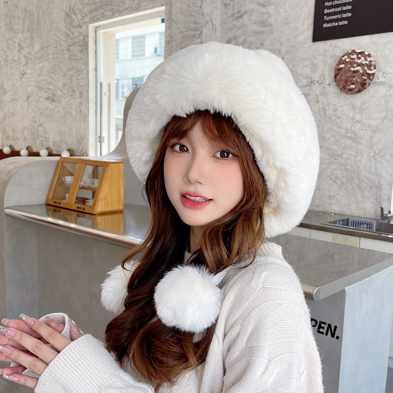 白色冬季雪地毛线帽女毛球护耳毛茸茸雷锋帽保暖加绒防风滑雪帽潮