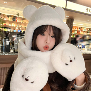 小熊帽子围巾一体女冬季围脖三件套加厚保暖骑车挡防风寒护耳连帽