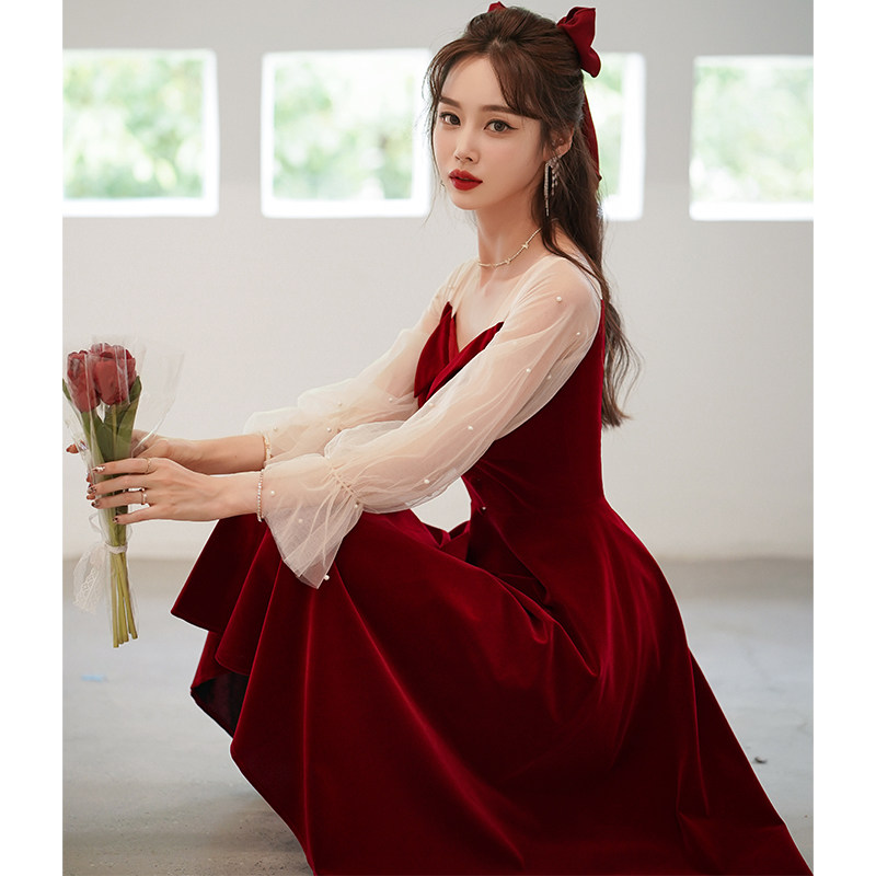 敬酒服新娘2021新款秋冬季结婚小个子订婚礼服连衣裙平时可穿长袖