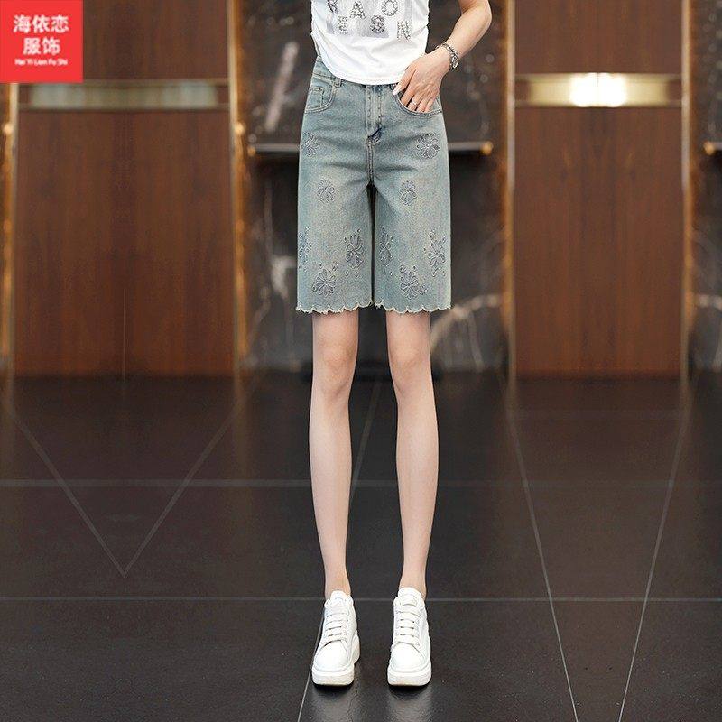 国风刺绣烫钻牛仔短裤女2026夏季新款薄款高腰宽松直筒阔腿中裤,女装/女士精品,牛仔裤,淘宝优惠券,粉丝福利购,淘宝优惠卷