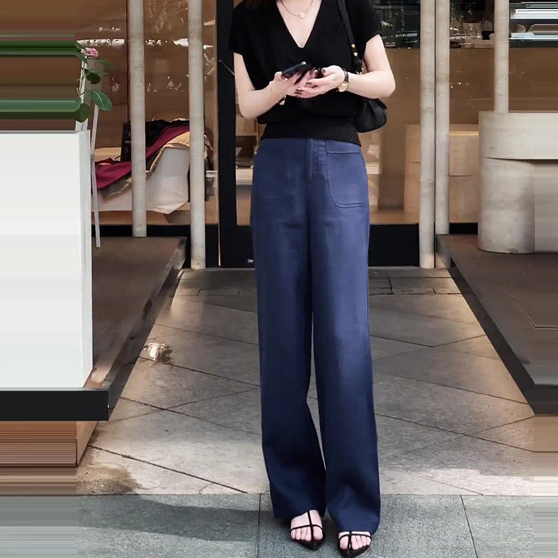 深蓝色冰丝亚麻西装裤女夏薄款小个子2026超火的天丝棉麻阔腿长裤,女装/女士精品,休闲裤,淘宝优惠券,粉丝福利购,淘宝优惠卷