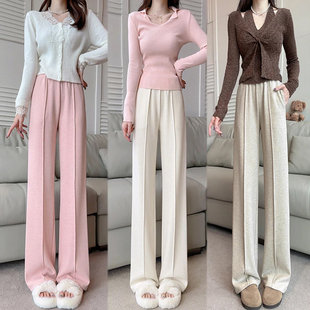 2026新款加绒加厚羊毛裤子女冬季羊羔绒小个子垂感直筒阔腿裤秋冬