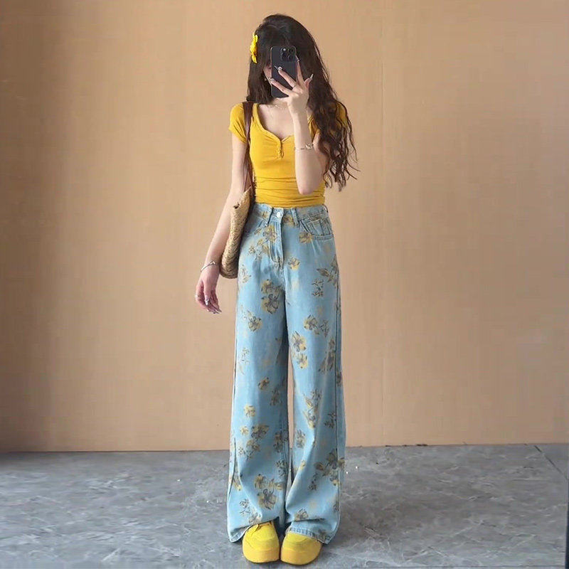 冰丝印花阔腿牛仔裤女夏2026新款夏季薄款今年流行的爆款弯刀裤子,女装/女士精品,牛仔裤,淘宝优惠券,粉丝福利购,淘宝优惠卷