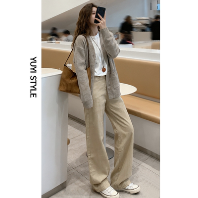 卡其色直筒牛仔裤女春秋20