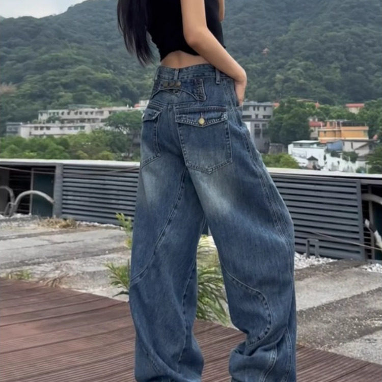 美式复古解构多口袋弯刀牛仔裤女2025秋季新款宽松显瘦直筒阔腿裤,女装/女士精品,牛仔裤,淘宝优惠券,粉丝福利购,淘宝优惠卷