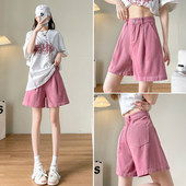 褶皱高腰显瘦a字直筒宽松阔腿5分中裤 粉色五分牛仔短裤 女春秋季 子