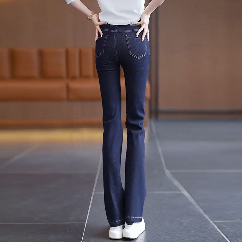 深蓝色微喇牛仔裤女秋季2026新款高腰显瘦弹力紧身休闲喇叭长裤子