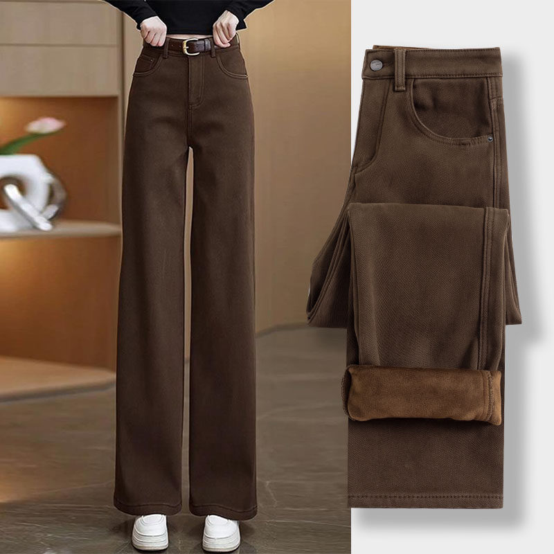 美拉德棕色窄版阔腿牛仔裤