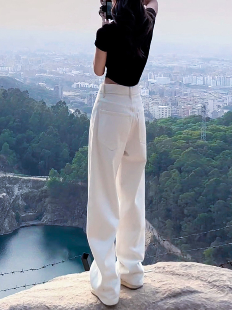 白色牛仔裤女春秋款2025新款冬季加绒休闲直筒小个子宽松阔腿裤子