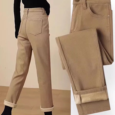卡其色直筒牛仔裤女2025秋冬新款高腰显瘦加绒小个子爆款烟管裤子