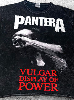 PANTERA 潘多拉乐队 美式复古小领口  重磅水洗做旧落肩短袖T恤潮