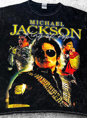 迈克尔杰克逊 90S美式小领口 人物图案印花重磅水洗复古短袖T恤潮