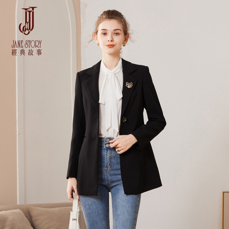 经典故事黑色中长款西装外套女25年秋季通勤职业收腰修身西服