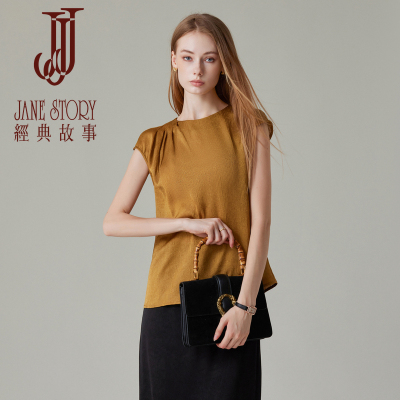 经典故事名媛风时尚设计感肩部压褶圆领上衣女2025夏季款盖袖设计