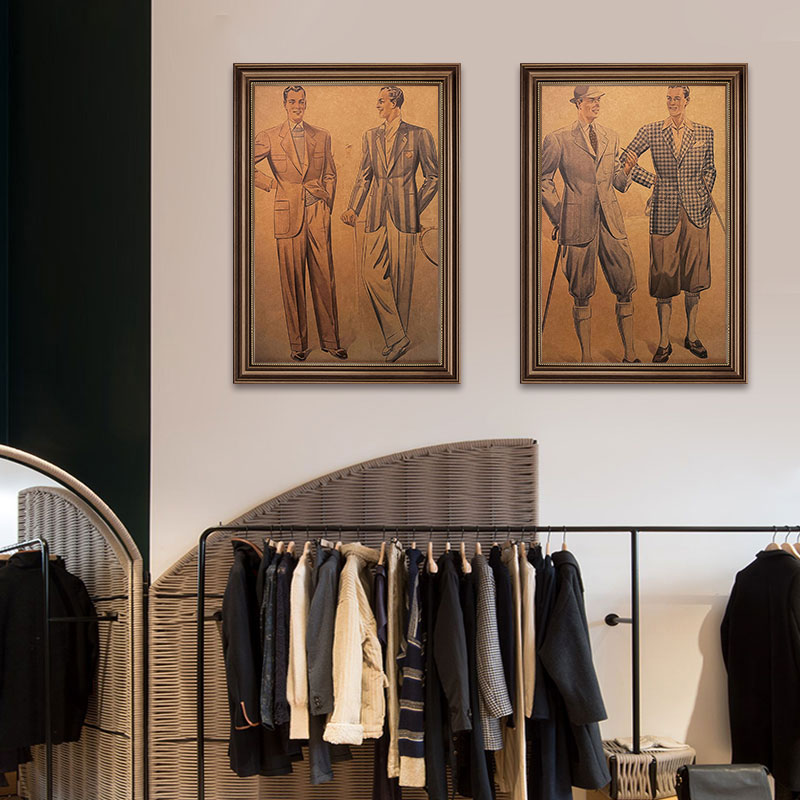 西装店高档复古框装饰画衬衫礼服定制线稿图壁画服装店裁缝店挂画