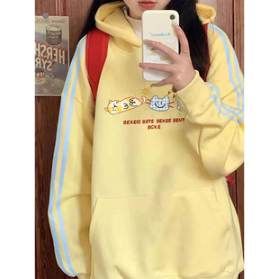 韩版 洋气慵懒风外套 设计感三条杠连帽卫衣女秋冬加绒加厚宽松大码