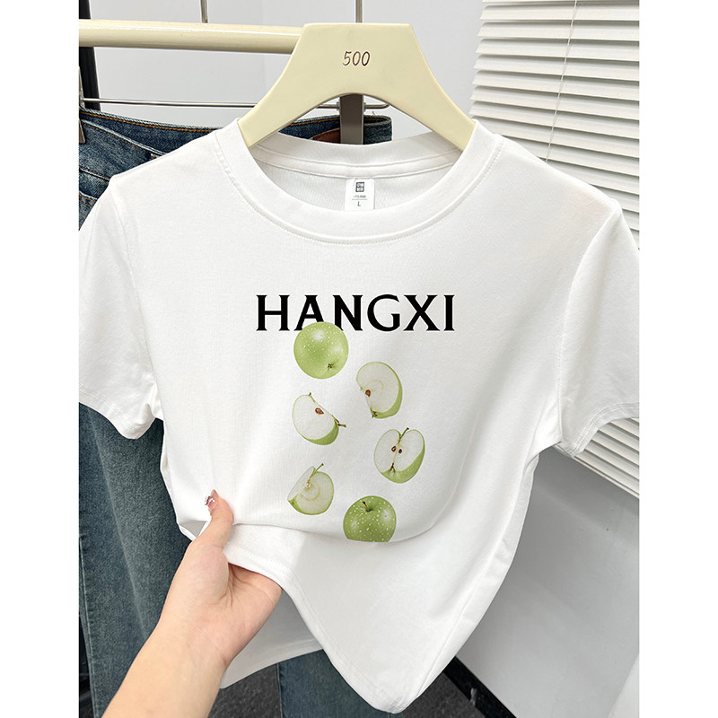 短袖T恤女2025夏季小众设计青苹果印花显瘦白色圆领正肩小衫上衣图片