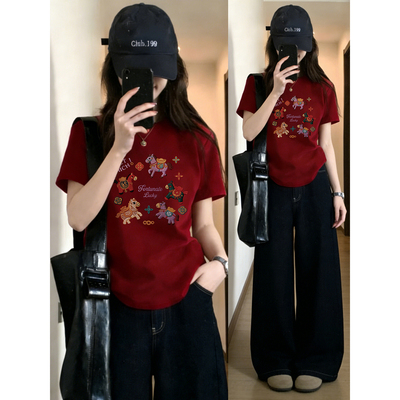 夏季正肩t恤女短袖2026新款小众别致大码女装本命年马年红色衣服