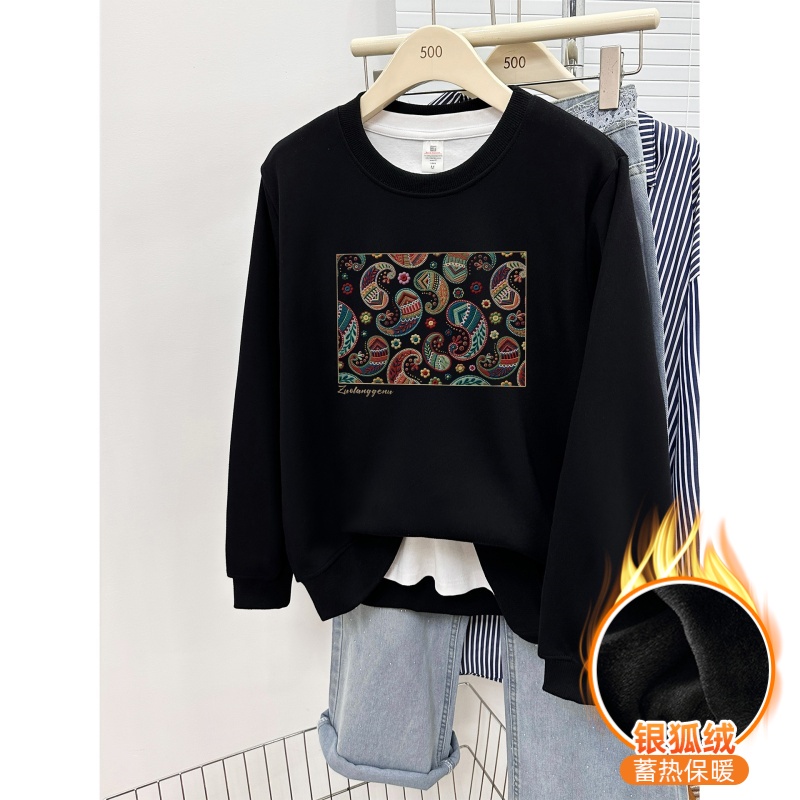 正肩黑色圆领套头卫衣女冬季高级感宽松大码穿搭遮肉加绒加厚上衣