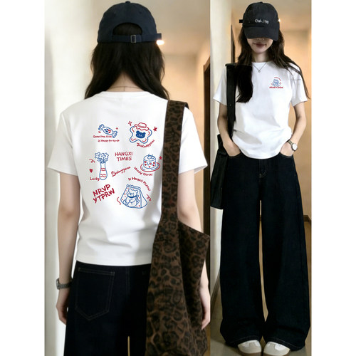 2026夏季新款韩版小熊印花时尚微胖大码女装正肩短袖T恤圆领上衣