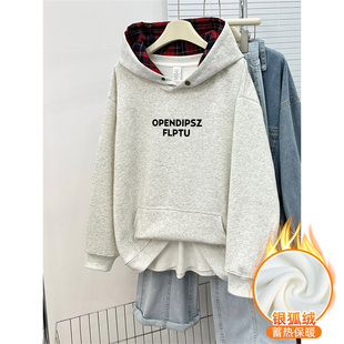 上衣潮 加绒加厚宽松大码 设计感纽扣格子拼接连帽衫 套头卫衣女冬季