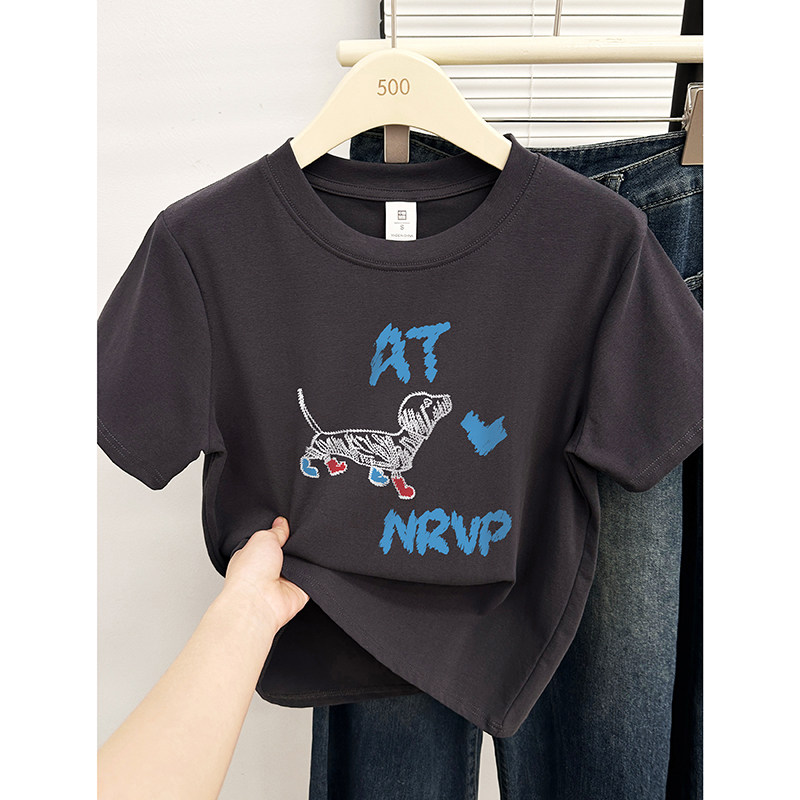 短袖T恤女夏季新款时尚洋气正肩深灰色腊肠狗印花圆领大码上衣潮,女装/女士精品,T恤,淘宝优惠券,粉丝福利购,淘宝优惠卷