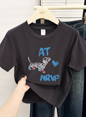 短袖T恤女夏季新款时尚洋气正肩深灰色腊肠狗印花圆领大码上衣潮