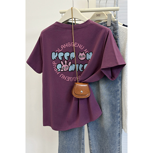 大码 2026新款 胖mm显瘦前后印花遮肉上衣 T恤女夏季 乌梅紫正肩短袖