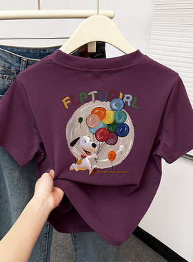 乌梅紫色正肩短袖t恤女夏新款韩版时尚洋气卡通印花休闲大码上衣