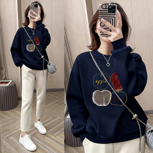 藏蓝色正肩卫衣女圆领秋冬加绒加厚2025新款 上衣女 慵懒风印花大码