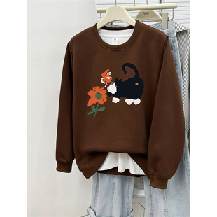 上衣 加绒长袖 美式 复古圆领正肩卫衣女2025秋冬慵懒风重磅宽松大码