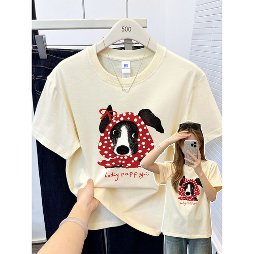 杏色纯棉正肩短袖t恤女夏季狗狗印花宽松显瘦设计感圆领半袖上衣