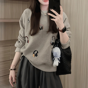 正肩无帽卫衣女耳机印花圆领套头长袖 胖mm韩系显瘦上衣潮 秋冬新款