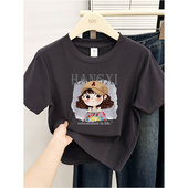 T恤女夏季 新款 时尚 圆领卡通小女孩印花深灰色短袖 正肩半袖 上衣潮