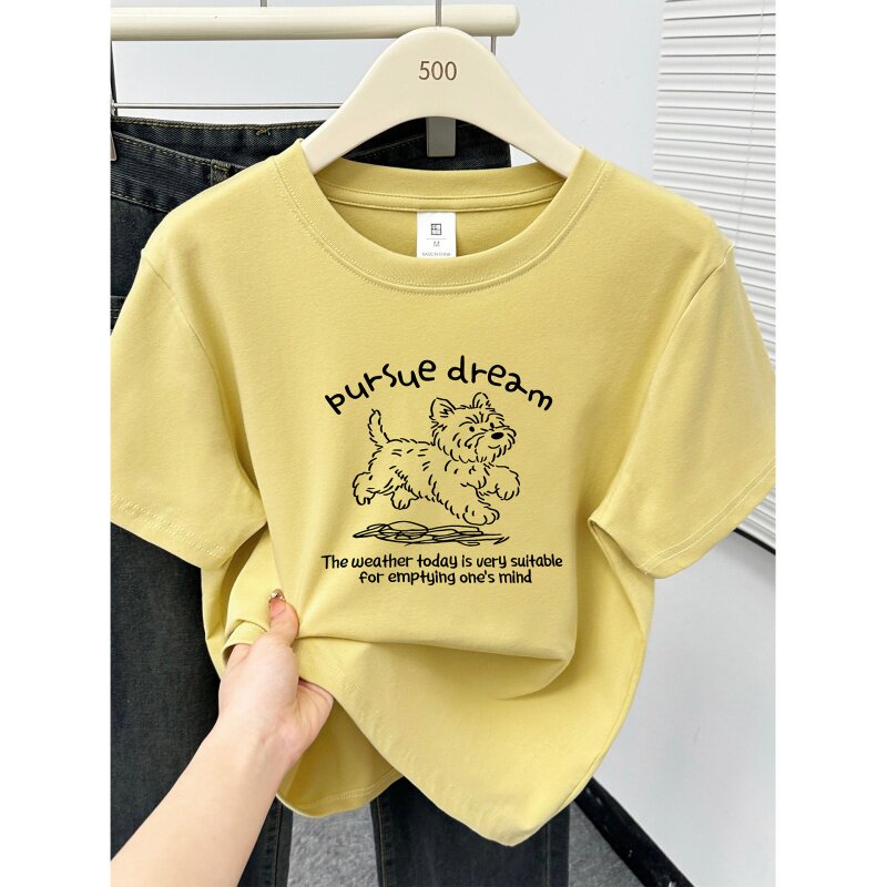 胖MM大码圆领正肩短袖t恤女狗狗印花遮肉设计感休闲百搭半袖上衣